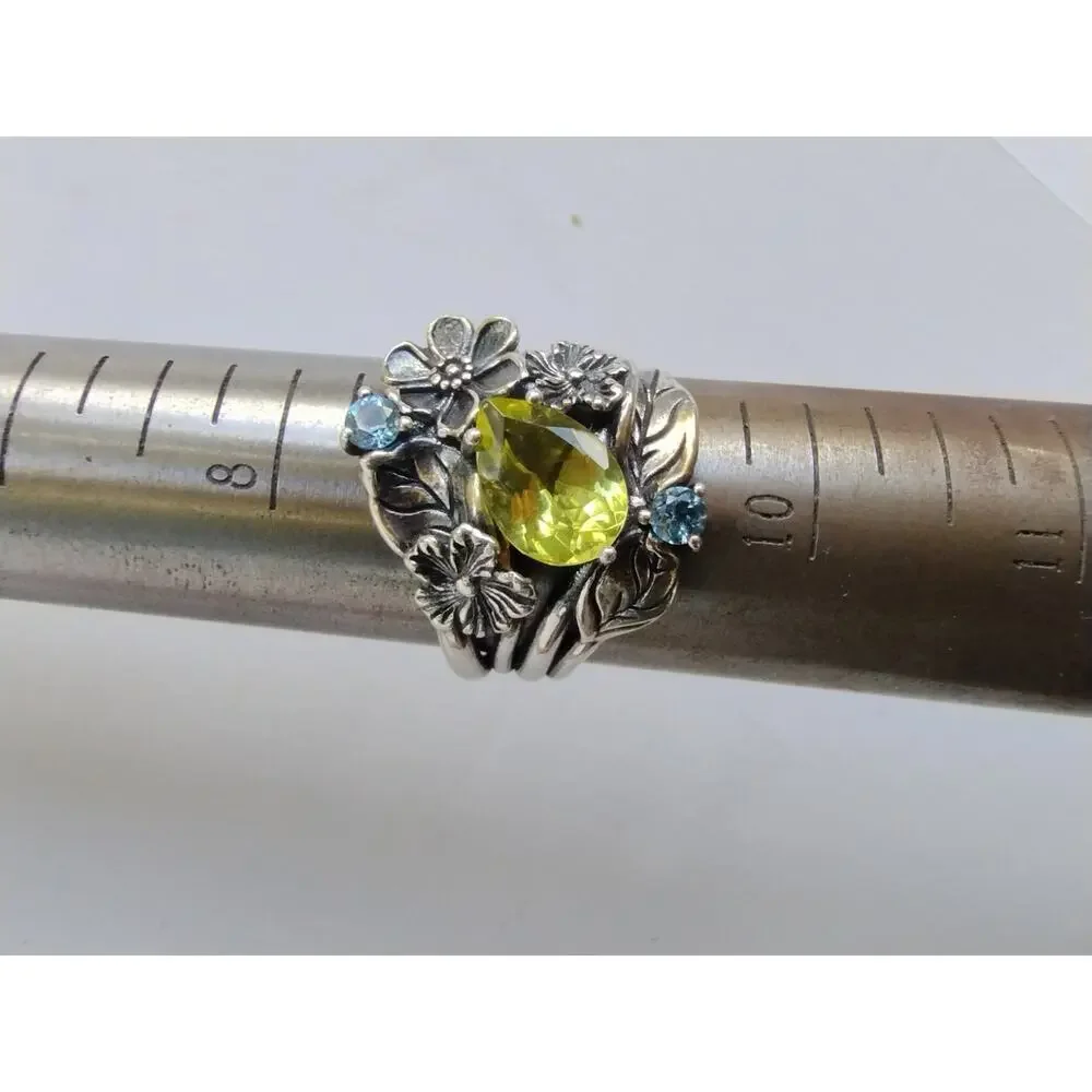 OR PAZ STERLING 925 FLORAL LEMON QUARTZ & BLUE TOPAZ GEMSTONE RING Sz 9.25